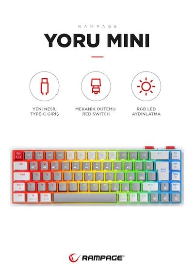 Rampage Yoru Mini Gri/beyaz Type-c Bağlantılı Outemu Red Swich Q