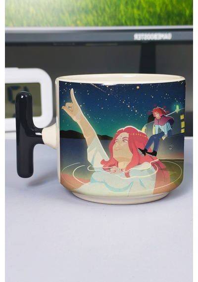 Ponyo Anime Baskılı Seramik Lüks Kupa 1 Adet T Şeklinde Özel Siyah Kulp Dalga Kulp V4t Çok Renkli