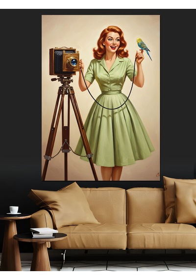 Fotoğrafçı Kadın Retro Kıyafet Dekoratif Kanvas - Mdf Ahşap Tablo