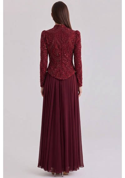Olcay Boncuk Desenli Şifon Kombinli Exclusive Tesettür Abiye Elbise Bordo 1089