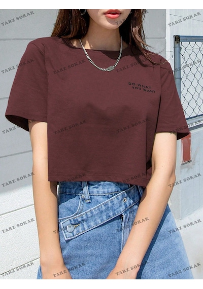 Flood Of Style Crop Ckod-232913 Dazy Kadın Slogan Desenli Kısa Kollu Kısa Bordo