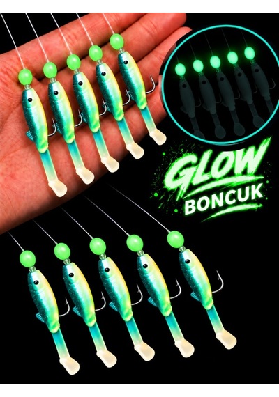 Ea genset Yeşil Silikon Balıklı Çapari 5 Cm 2 Adet Silikon At Çek Takımı Fosforlu Glow Boncuklu
