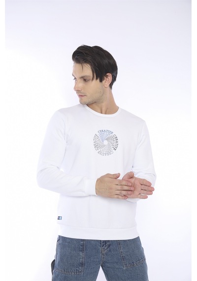 Escetic Erkek Spor Slimfit, Bisiklet Yaka Beyaz Sweatshirt-4260