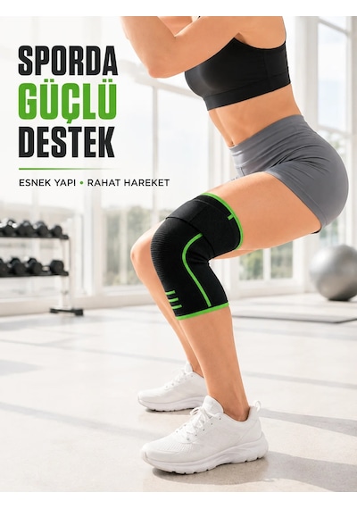 Siyah Yeşil Spor Dizlik Ayarlanabilir Destek Bantlı Nefes Alabilen Örme