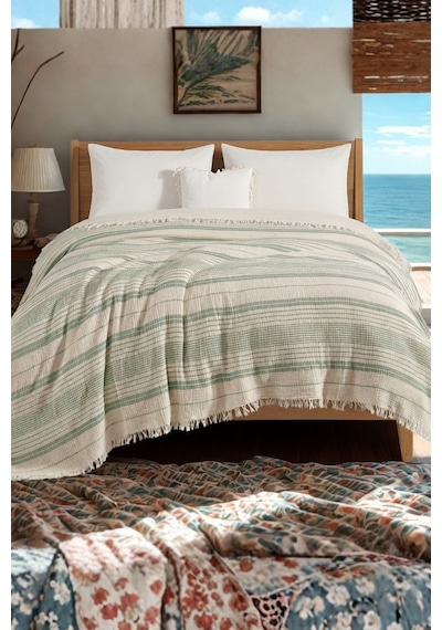 Natura Soft Ekru 4 Kat Müslin Çift Kişilik Yatak Örtüsü 220x230 Cm %100 Pamuk Çok Amaçlı Koltuk Örtüsü Ve Tv Battaniyesi Yeşil