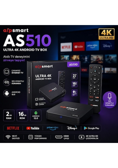 Alpsmart As510 Ultra 4k Android Tv Box 2gb Ram 16gb Hafıza Android 12.0 Ses Komutlu Kumanda Kablosuz İnternet Tv Box