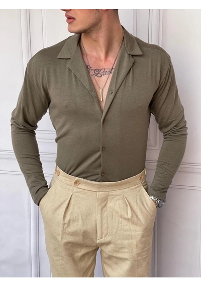 Modefendi Slim Fit %100 Pamuk Triko Kumaş Gömlek Haki