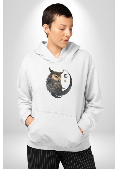 Ay Yıldız Bakır Renk Baykuş Kadın Erkek Beyaz Kapüşonlu Sweatshirt Hoodie Beyaz