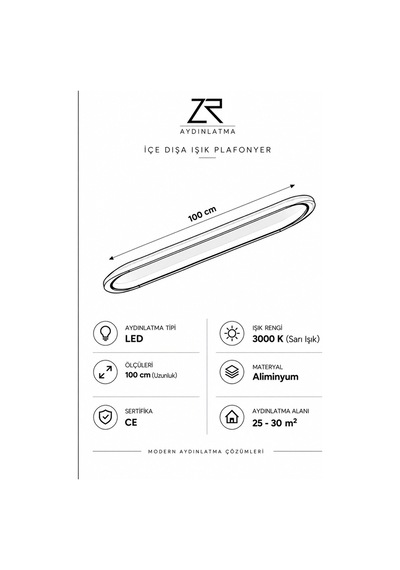 Beyaz 100x16 cm Oval Avize 3000K Sarı Işık Led Tavan Lambası