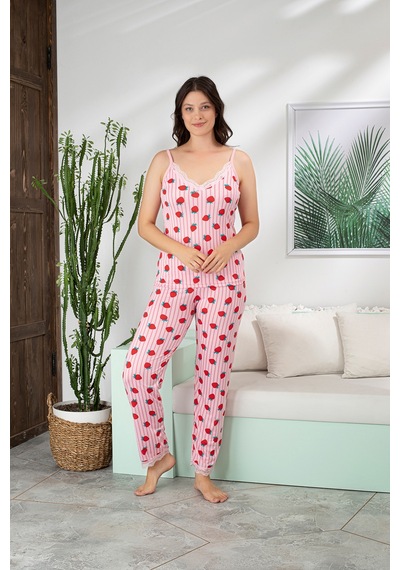 Kadın Çilek Desenli Askılı Pijama Takımı Pembe Dantel Detaylı Uzun Pijama