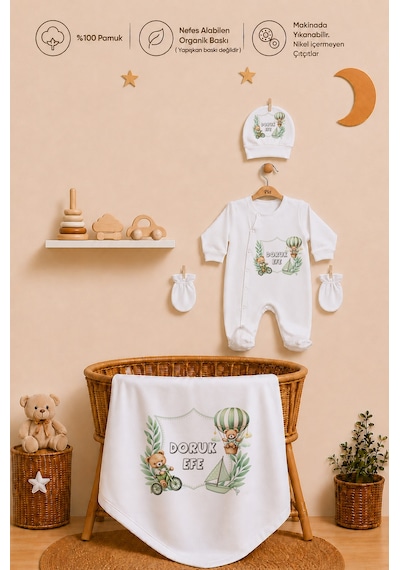 Pia Baby İsme Özel Erkek Bebek Hastane Çıkışı 4 Lü Set %100 Pamuk Organik Baskılı Battaniyeli Tulum Seti 1042bt0x Krem