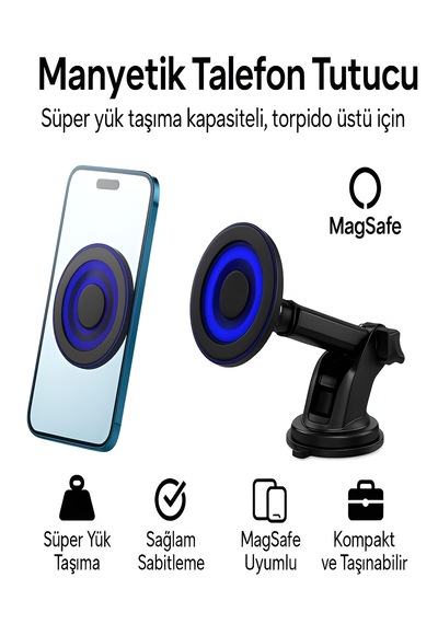 Magsafe Uyumlu 360 Ayarlanabilir Mıknatıslı Araç İçi Telefon Tutucu Torpido Montajlı Stand Siyah