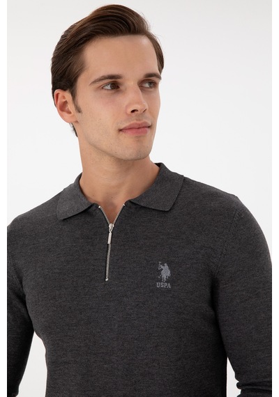 U.S. Polo Assn. Erkek Slim Fit Yarım Fermuarlı Antrasit Melanj Basic Kazak 50297066-VR081