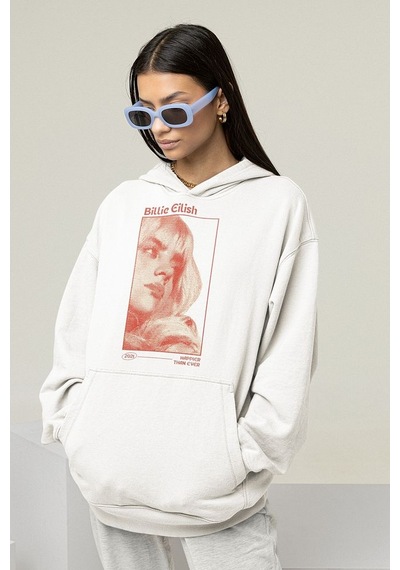 Billie Eilish Baskılı Unisex Oversize Şarkıcı Hoodie Beyaz