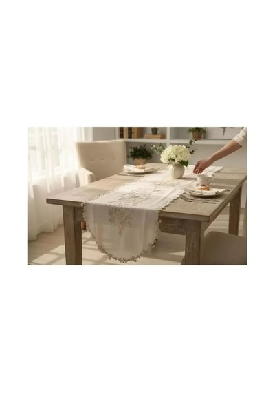 Masa Üzerine Runner, Masa Runneri Altın Simli İşlemeli Detaylı Simella 50 X 140 Cm