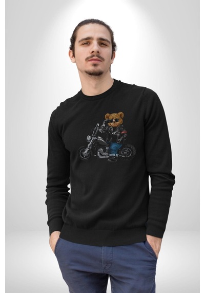 Kask Güneş Gözlüğü Motor Ayı Unisex Siyah Baskılı Sweatshirt Siyah