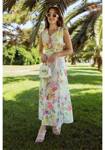 Neşeli Butik Kadın Çiçek Desenli Yazlık Elbise Nbmy3788 Ekru