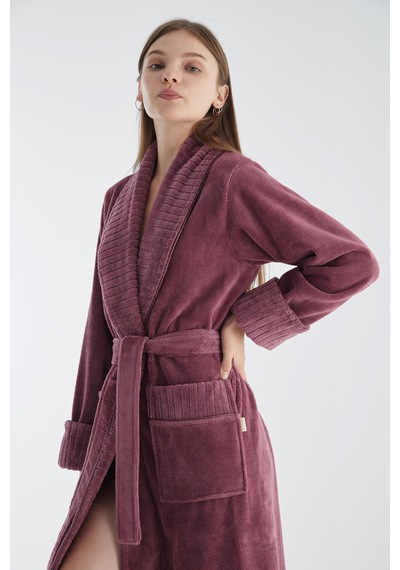 Yaka Fitilli Triga Bambu Cotton Bayan Bornozu Gül Kurusu