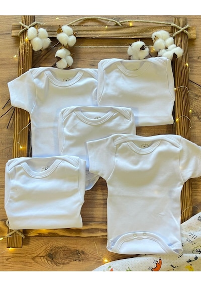 Betül Bebek Kısa Kollu 5'li Organik Pamuk Çıtçıtlı Bebek Body&zıbın 5 Adet Beyaz