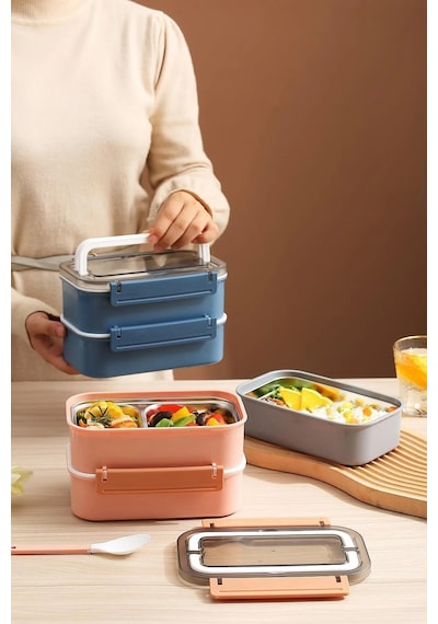 Vagonlife Bento Lunch Box Ofis-Okul Için Yeni Nesil Sefer Tası Çift Kat 4 Bölme Paslanmaz Çelik F494 001