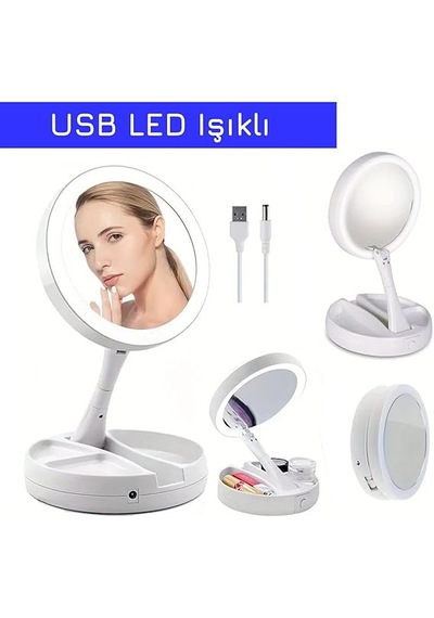 Monozone 10x Katlanabilir Çift Taraflı Usb Vanity Led Işıklı Makyaj Aynası Beyaz