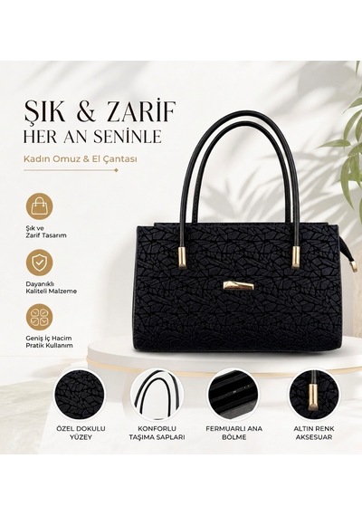 Pololiza Kadın / Anne / Dokulu / El Ve Omuz Çantası / Şık Günlük Çanta / İthal Deri / Uzun Askılı Siyah