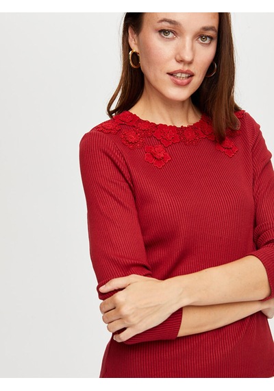 Dantel Çiçek Aplikeli Yuvarlak Yaka Kaşkorse Tshirt W26tsh070 Uw26tsh07040 Bordo