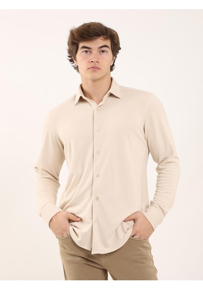 Dufy Bej Erkek Slim Fit Klasik Yaka Uzun Kol Gömlek - 97956 Bej