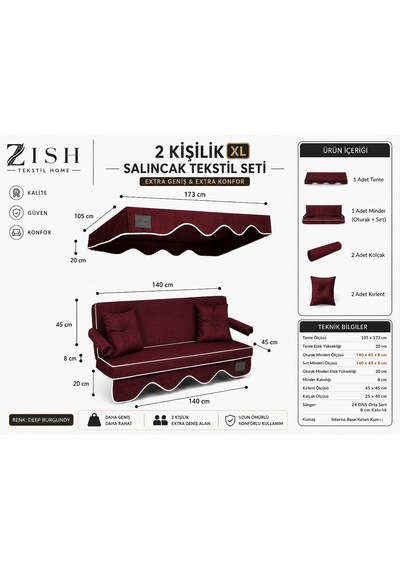 Altaleno 2 Kişilik 140 45 Cm Süngerli Bahçe Balkon Salıncak Minderi Yıkanabilir Kılıflı, Tenteli Keten Kumaş Tekstil Seti 24 Dns 8 Cm Orta Sert Sünger Bordo