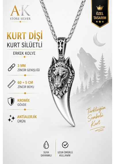 Gümüş Kaplama K-102 Paslanmaz Kromix Erkek Kolye Madalyon Kurt Dişi Üzerine Bozkurt İşleme Beyaz