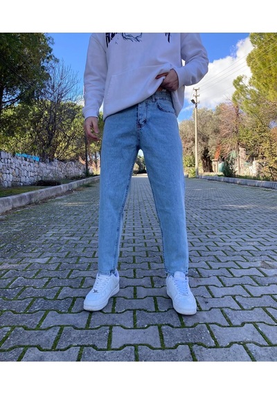Yıkamalı Mavi Boyfriend Pantolon Mavi
