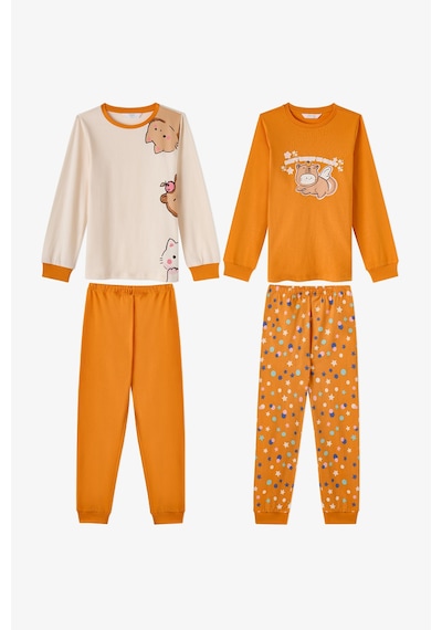 Penti Kız Çocuk Turuncu Dont Worry Pamuklu Uzun Kollu 2li Pijama Takımı Rg43