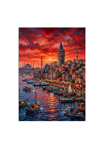 Kırmızı Gökyüzü Ve Galata Kulesi İstanbul Dekoratif Kanvas - Mdf Ahşap Tablo Çok Renkli