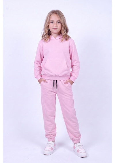 Fyk Kids Kız Çocuk Düz Kanguru Cepli Kapüşonlu Eşofman Takımı Pembe