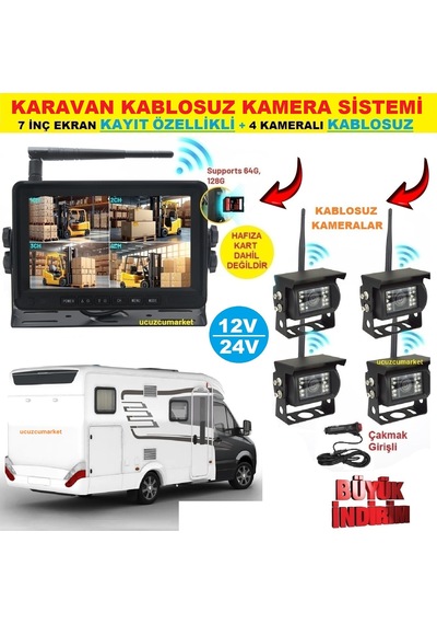 Karavan Kamera Sistemi 7 Inç Kayıt Yapabilen Ekran + 4 Adet Kablosuz Kamera Hepsi Bir Arada