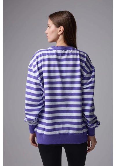 Defys Kadın Çizgili Oversıze Sweat Mor-beyaz - 608041455 Mor-beyaz