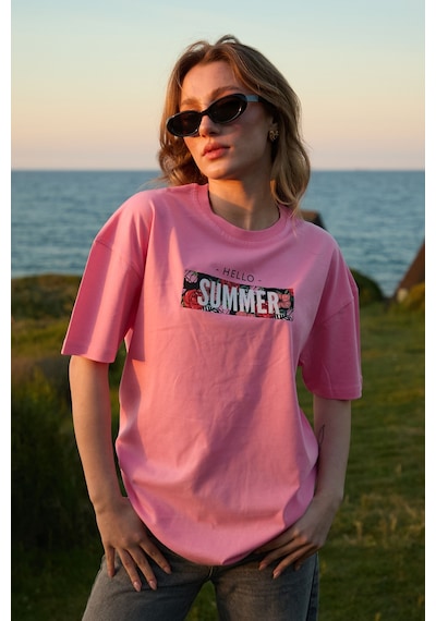 Velvoria Oversize Kadın Hello Summer Baskılı Pembe Renk T-shirt