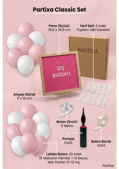 Diş Buğdayı Süsleme Classic Set Kız Pembe Keçe Yazı Panosu Standlı Pompa Balon Zincirli 3 - 4