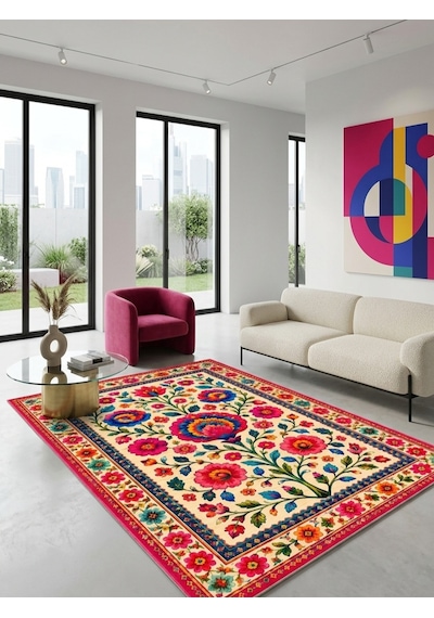 Dijital Baskı Çiçek Desenli Renkli Halı Çiçek Motifli Modern Dekoratif Salon Halısı Çok Renkli