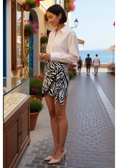 Benerly Kadın Mini Sarong Etek Zebra Desenli Boncuk Detaylı Anvelop Kapam Çok Renkli