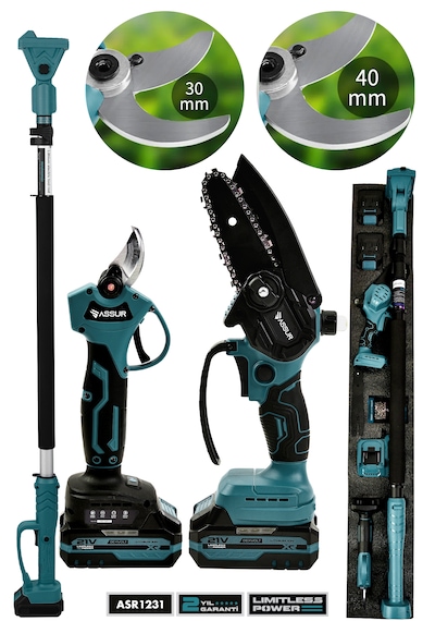 Assur Asr1231 3'lü Set 21v Çift Akülü Teleskopik Kollu Bağ Makası & Budama Testeresi Mavi