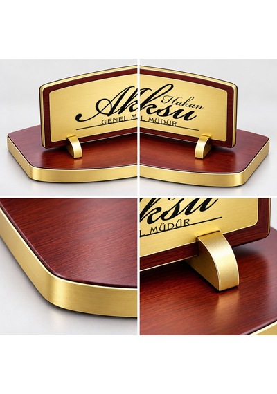 Bk Gift Kişiye Özel Ahşap Masa İsimliği Gold Plakalı Bk27 -2 Çok Renkli