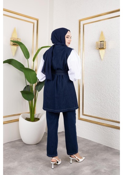 Harman Butik Kadın Boncuk İşlemeli Kuşaklı Yelek-pantolon 2li Takım Lacivert Lacivert