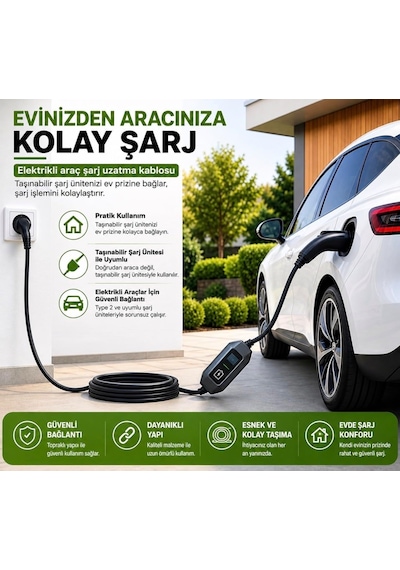 Evden Elektrikli Araba Şarj Uzatma Kablosu Topraklı%100 Bakır 3x2.5mm Siyah, 2 Metre