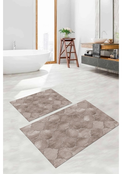 Buççin Online Mağaza Dijital Baskılı Yıkanabilir Kaymaz Taban Kupa Desenli Banyo Paspası Klozet Takımı Polyester Kahveren Çok Renkli