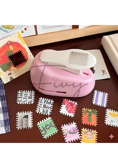 Pembe Pul Delgeç Tasarım Scrapbooking Malzemesi - Pul Şekilli Delgeç Kağıt Kesici Genel
