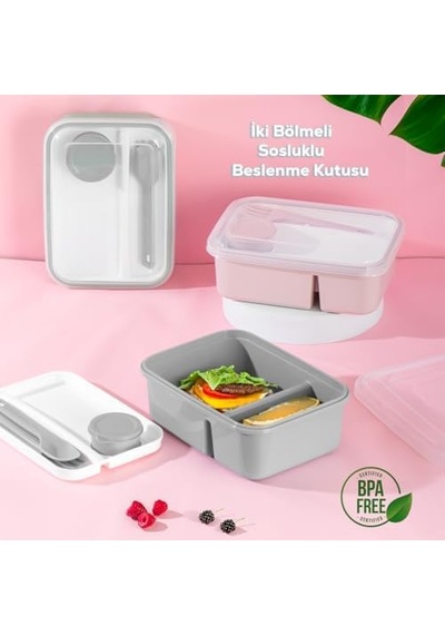 1183 Kendinden Kaşık Çatallı Sosluk Bölmeli Beslenme Kabı - Taşınabilir Lunch Box Gri 0