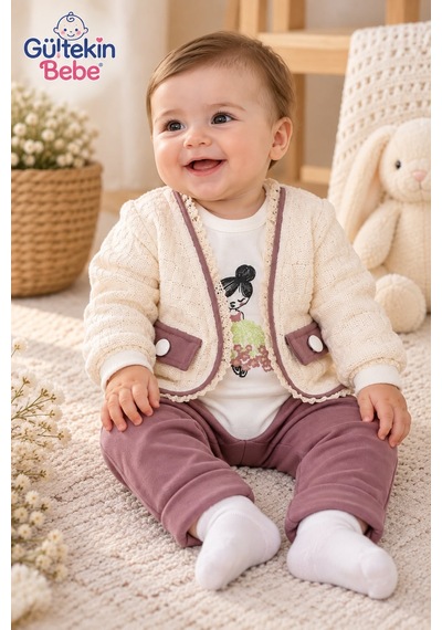Mini Pakel Örme Desenli Kız Üçlü Takım 3-12 Aylık -dü1495380 - Kahverengi