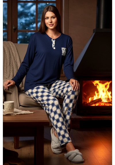 Remsa Kadın Termal Uzun Kol Pijama Takımı 4713 Saks Saks Mavi