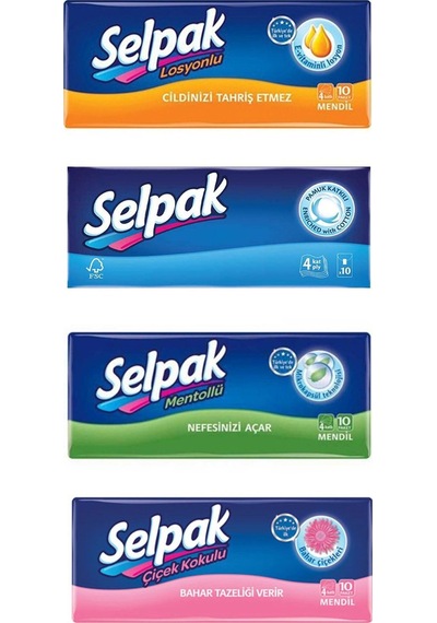 Selpak Mentollü + Çiçek Kokulu + Hassas Ciltler + Ultra Yumuşak Mendil 4 x 10'lu